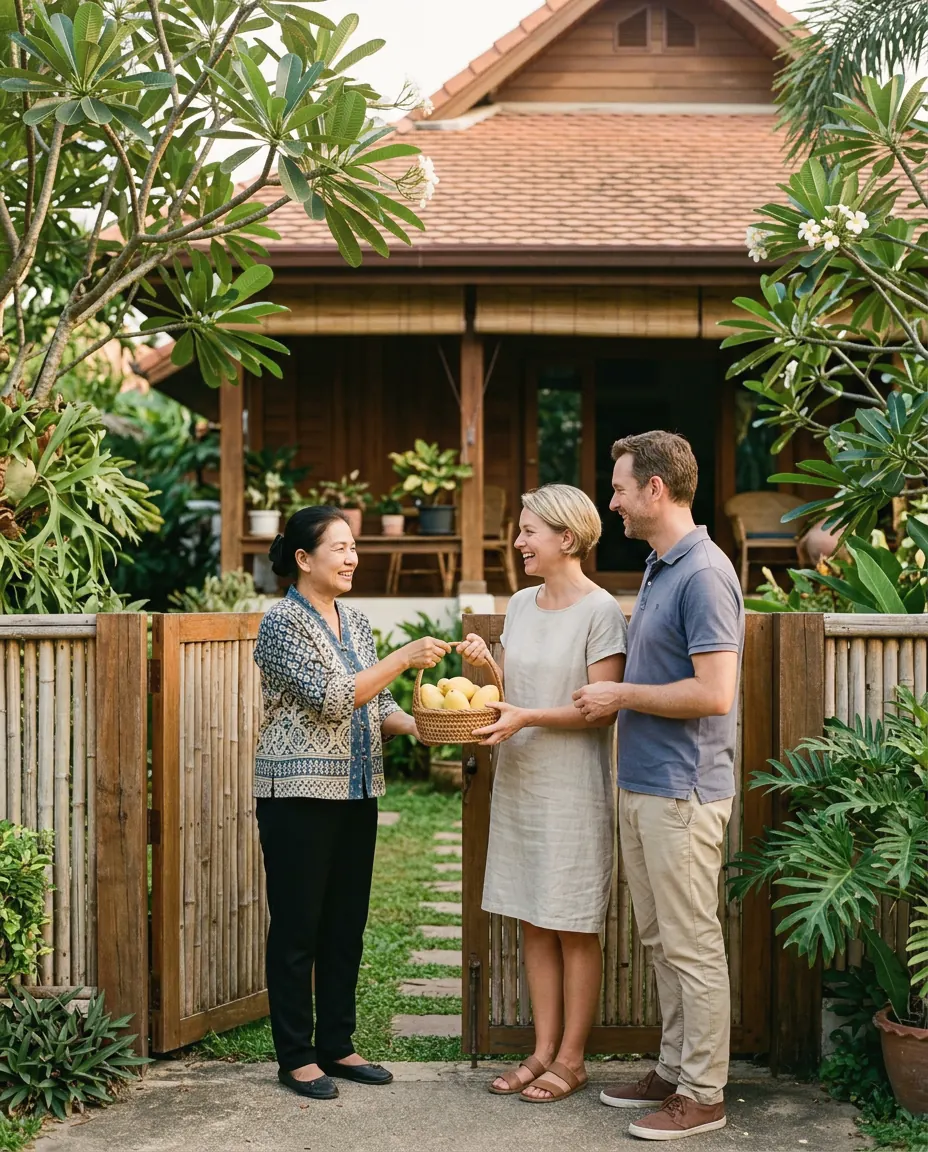 A neighbour welcoming a couple at an open garden gate