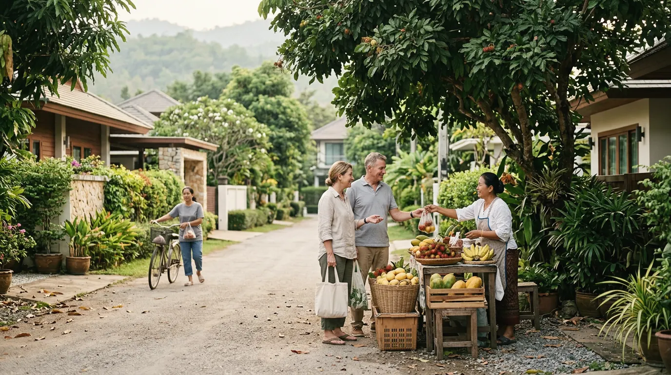 Neighbours buying fruit from a stall in a leafy residential lane in Chiang Mai