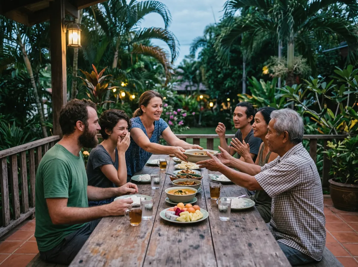 Friends and neighbours sharing dinner at a long table on a terrace