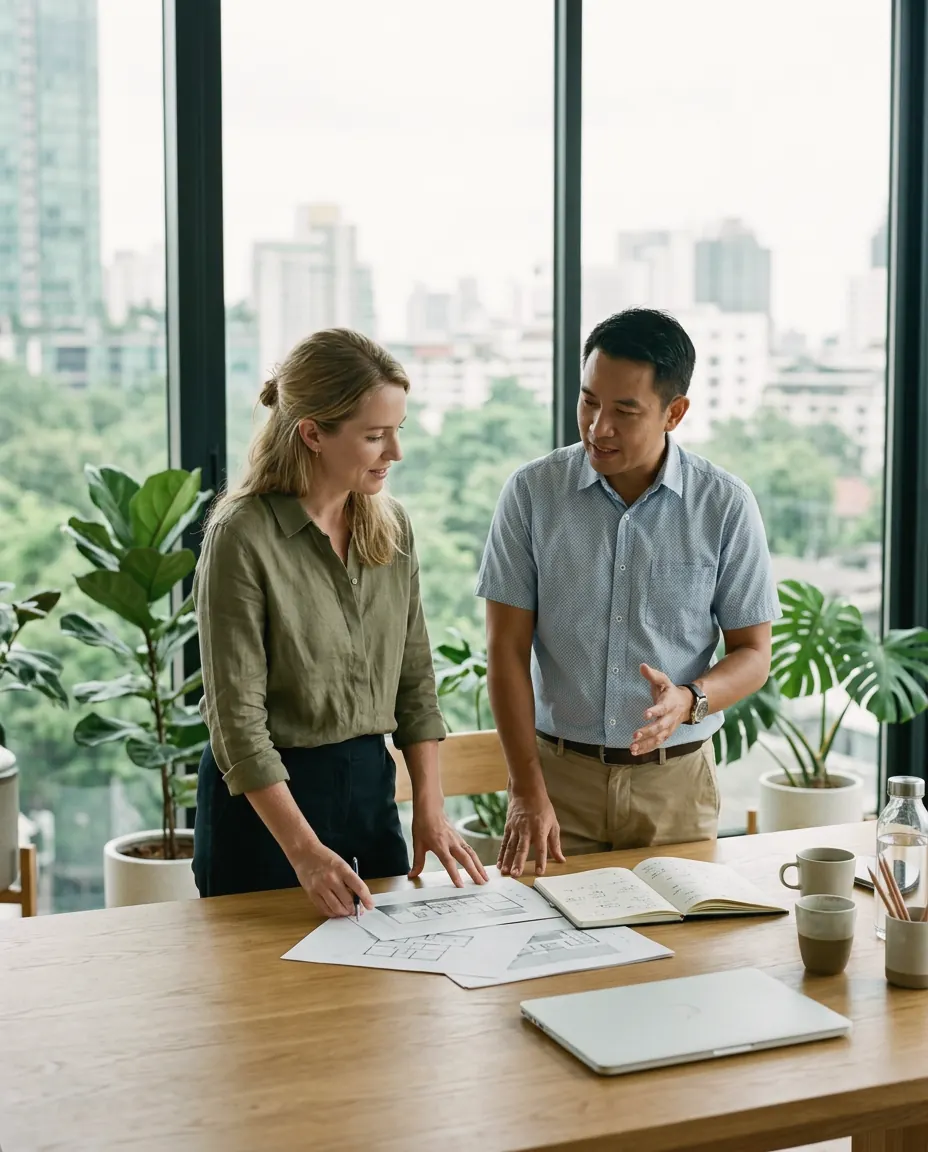 Two colleagues looking over papers at a table in a calm Bangkok office