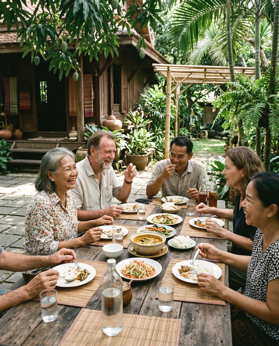 Friends sharing a meal at a long table in a garden