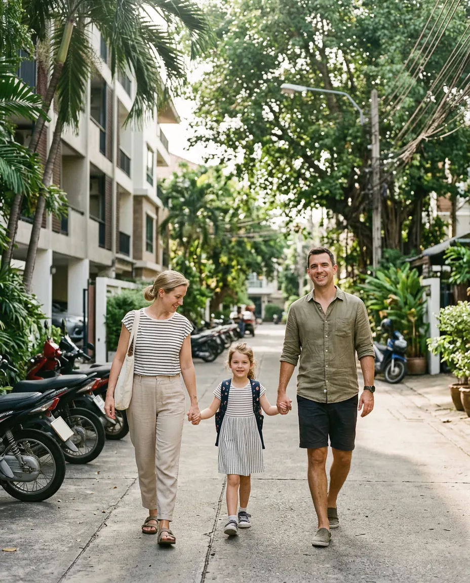 A family walking together along a shaded residential street
