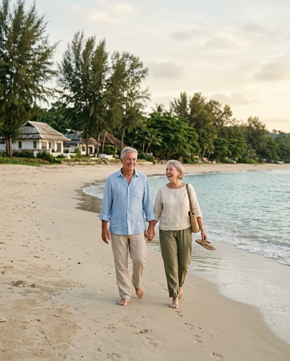 An older couple walking hand in hand along a quiet beach
