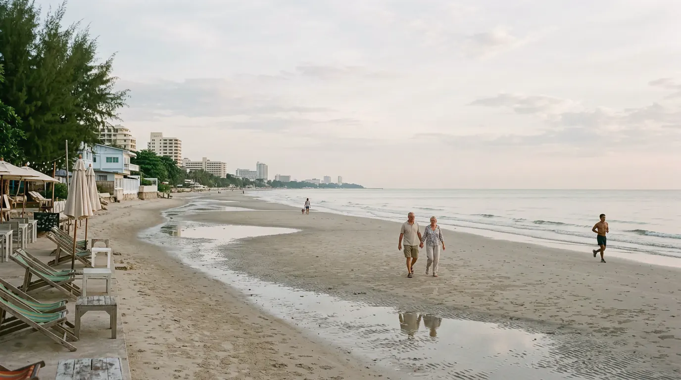 A wide, flat town beach at low tide in Hua Hin, deckchairs and low beachfront buildings along the bay