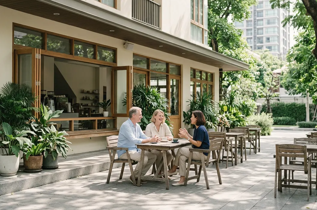 Three people talking at an outdoor café table on a leafy Bangkok street