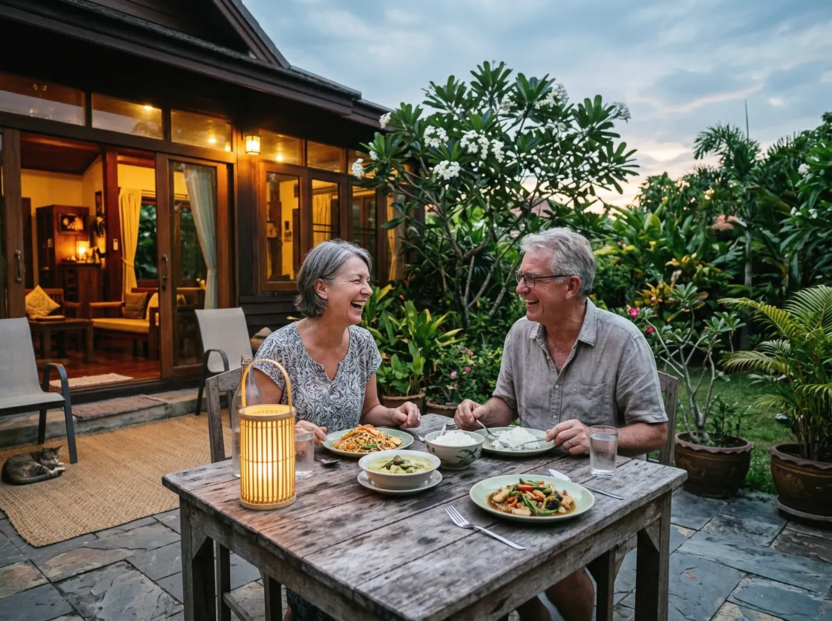 A couple in their sixties sharing dinner on the terrace of their house at dusk