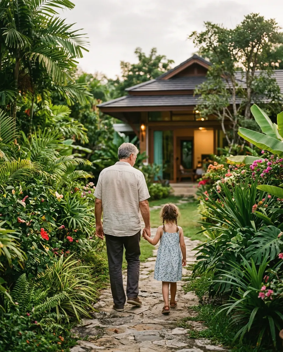 A grandfather walking hand in hand with his granddaughter along a garden path towards a house