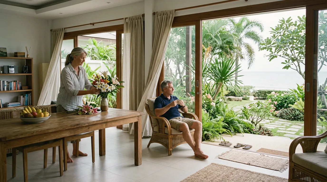 A couple at home: one arranging flowers at a wooden table, the other sitting by doors open onto a garden and the sea