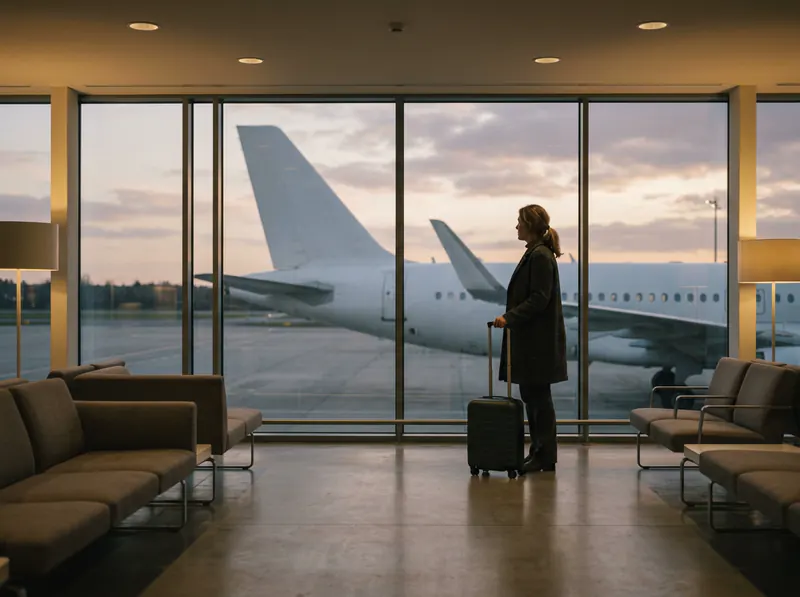 A traveller with a suitcase at the window of a quiet airport departure lounge at dusk