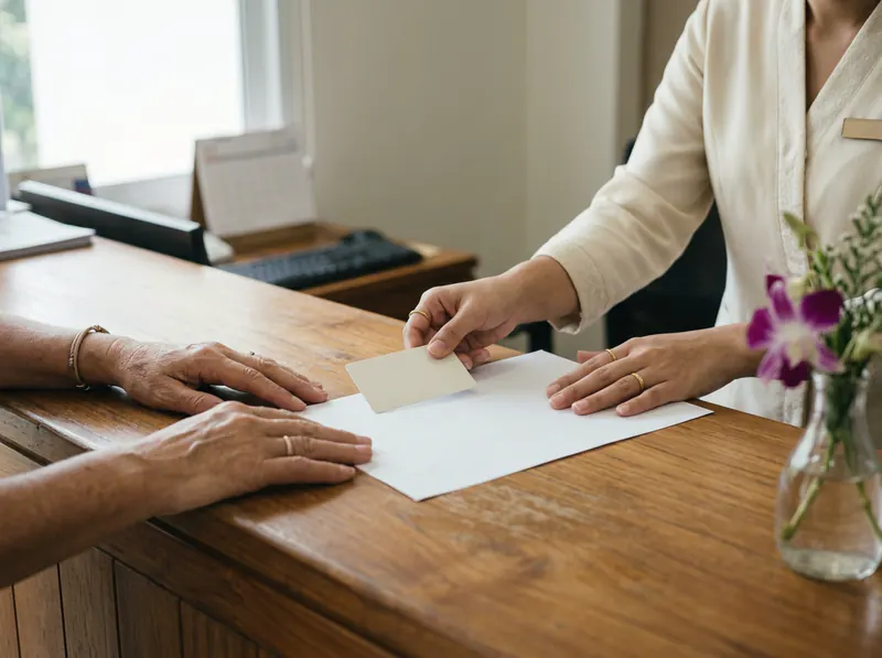 Hands passing a form across a hospital reception desk