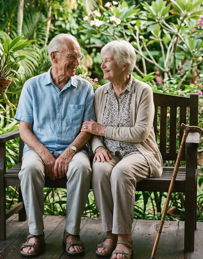 An older couple sitting close together on a garden bench