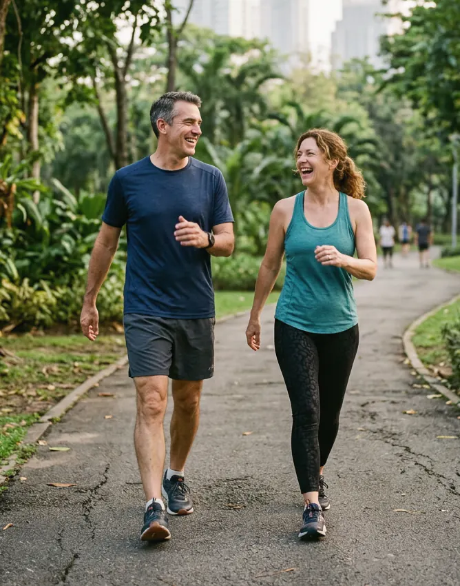 A couple in their fifties walking briskly along a tree-lined path