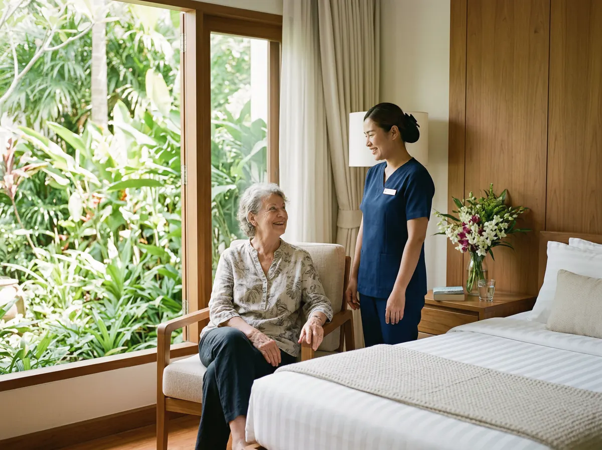 A nurse with an older woman in a calm private hospital room