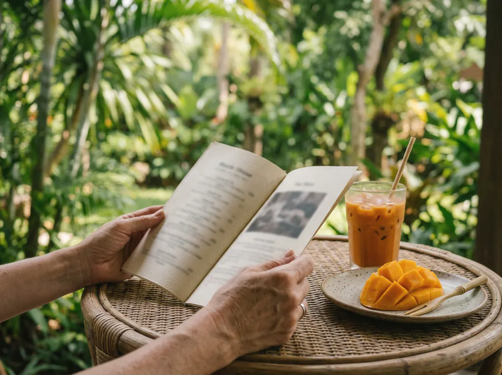 Hands holding a book on a rattan table on a shaded veranda