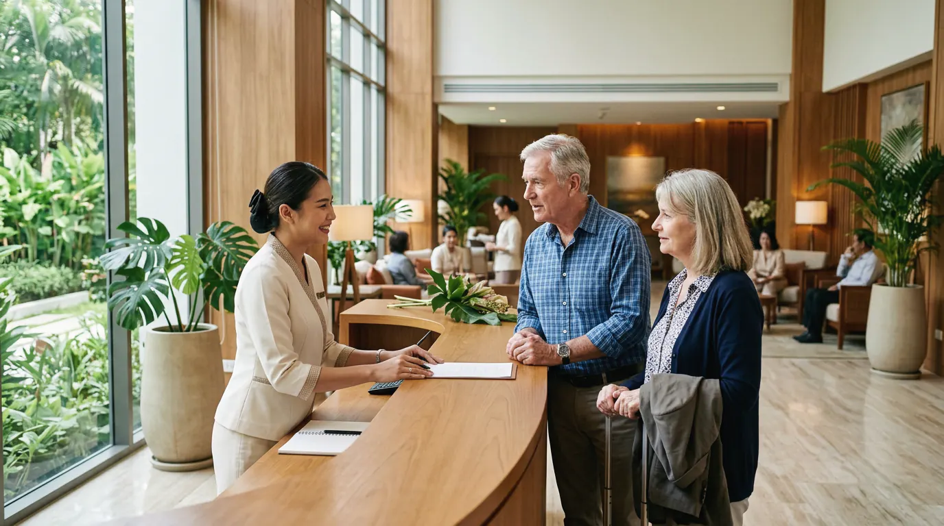 A couple speaking with the receptionist at the desk of a private hospital