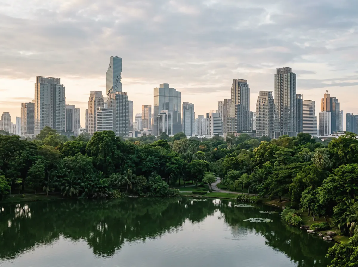 Office towers of Bangkok’s business district above the green canopy of a park