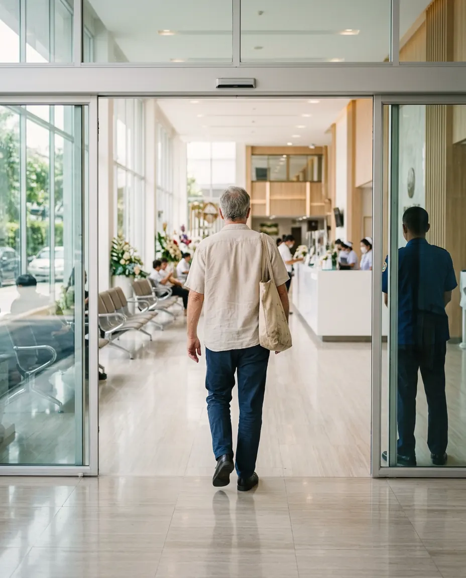 A man walking into the entrance hall of a private hospital