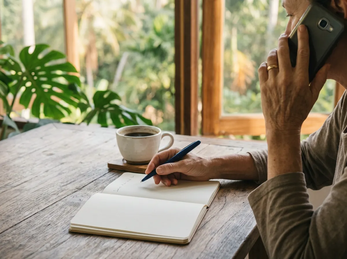A person on the phone, writing an appointment in a notebook