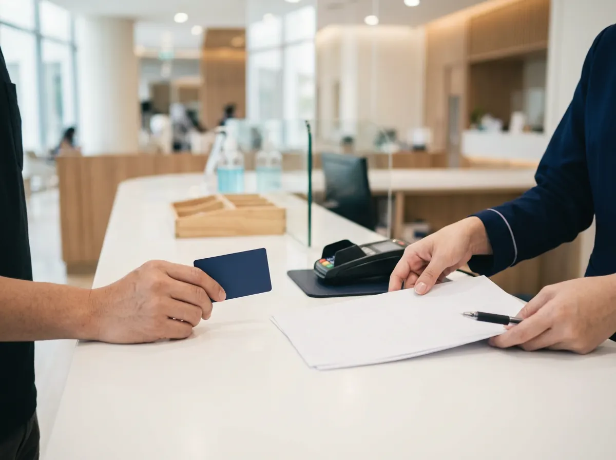 A card and a printed bill at a hospital cashier counter