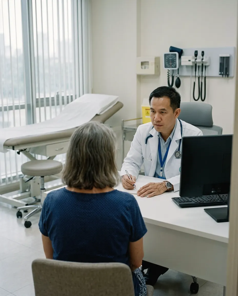 A doctor talking with a woman in a consultation room