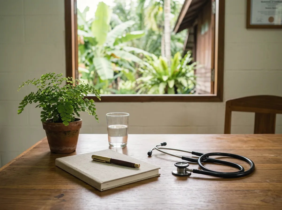 A wooden desk by a window, with a notebook, a stethoscope and a glass of water