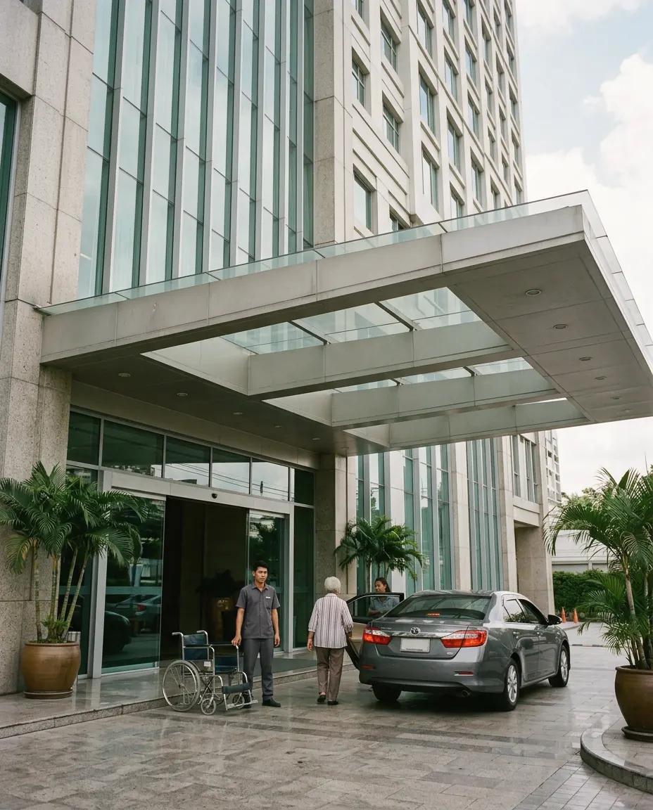 The covered entrance and drop-off of a modern private hospital