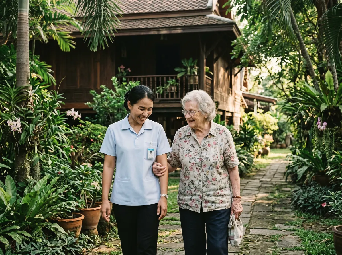A home-care nurse walking slowly with an older woman along a garden path