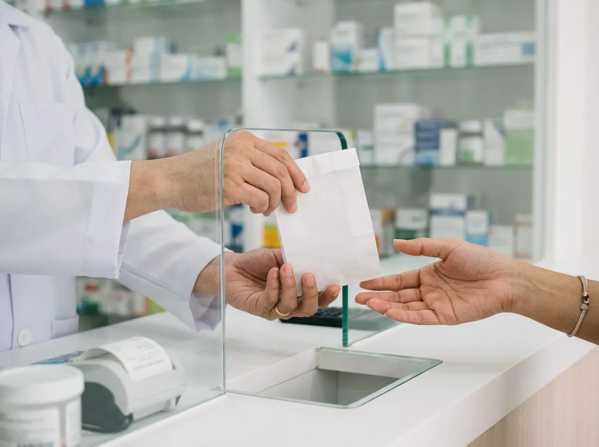 A pharmacist handing medicines across a hospital pharmacy counter