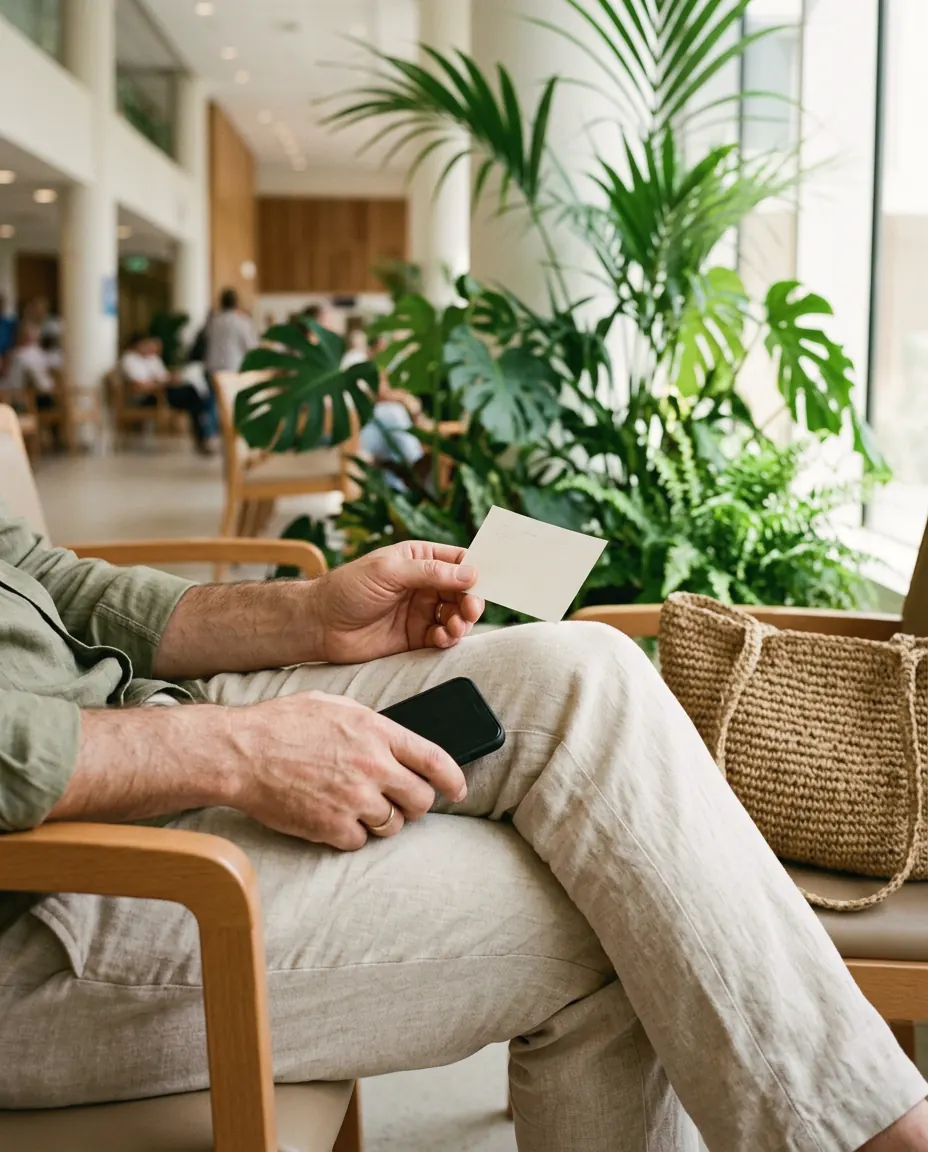 A person seated in a hospital lobby, holding an appointment slip