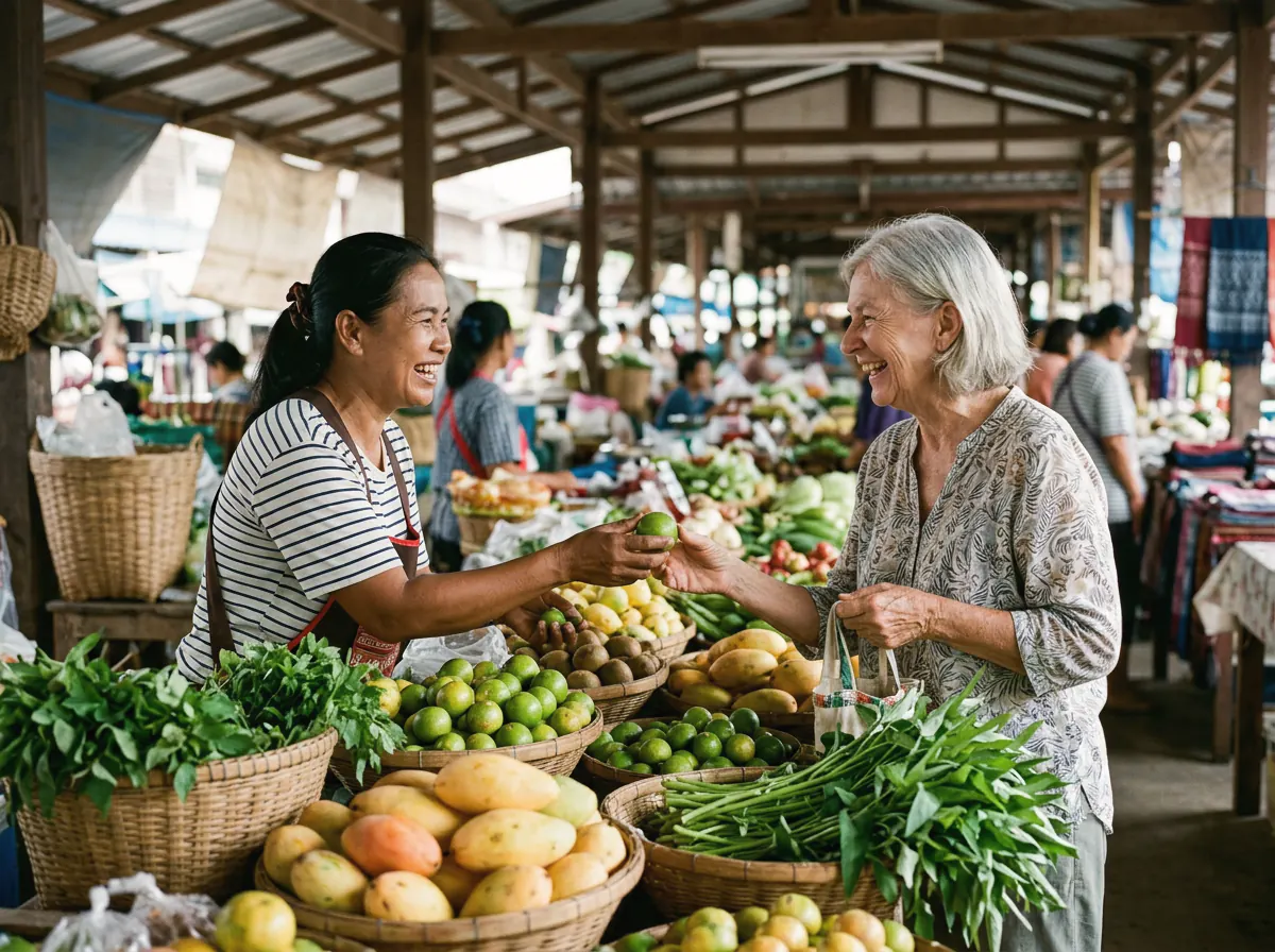 A woman buying fruit and vegetables from a stallholder at a covered market