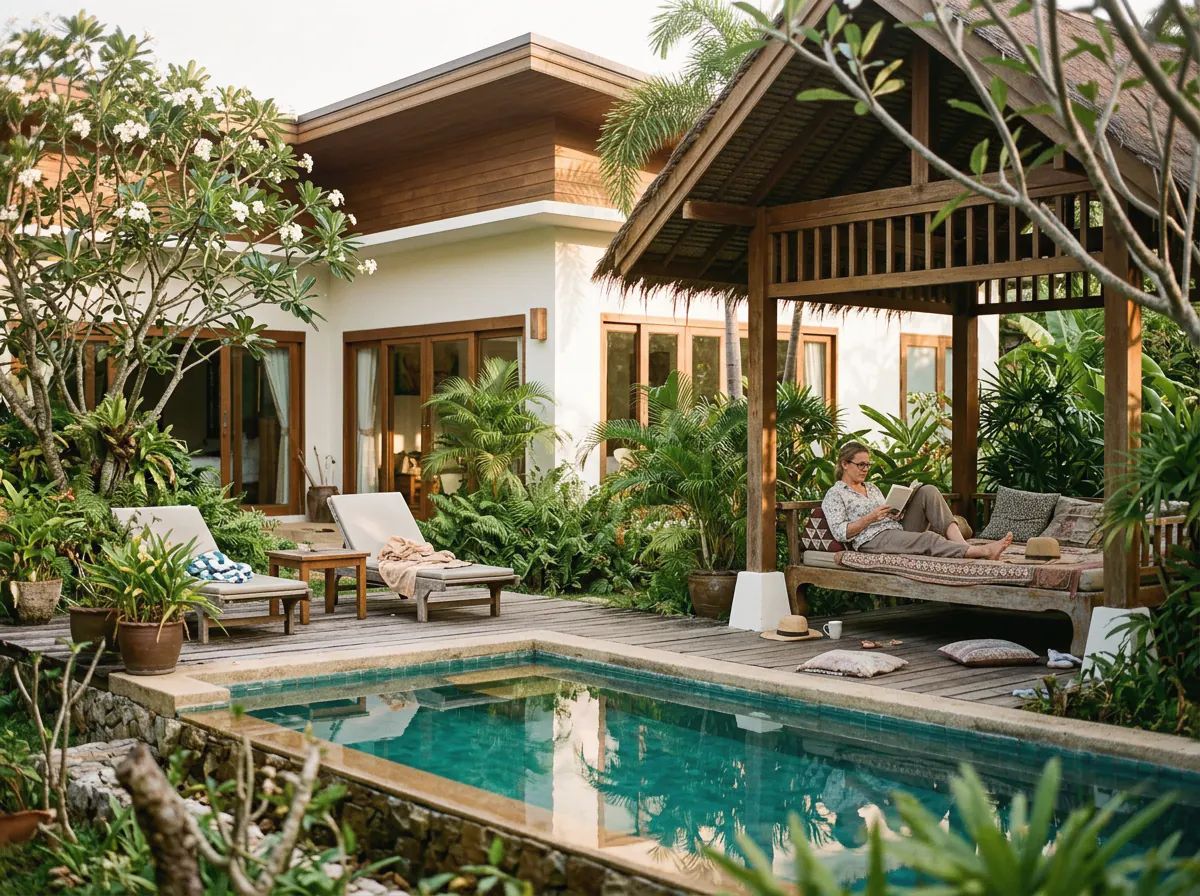 A garden villa with a pool and a shaded wooden sala, someone reading on a daybed