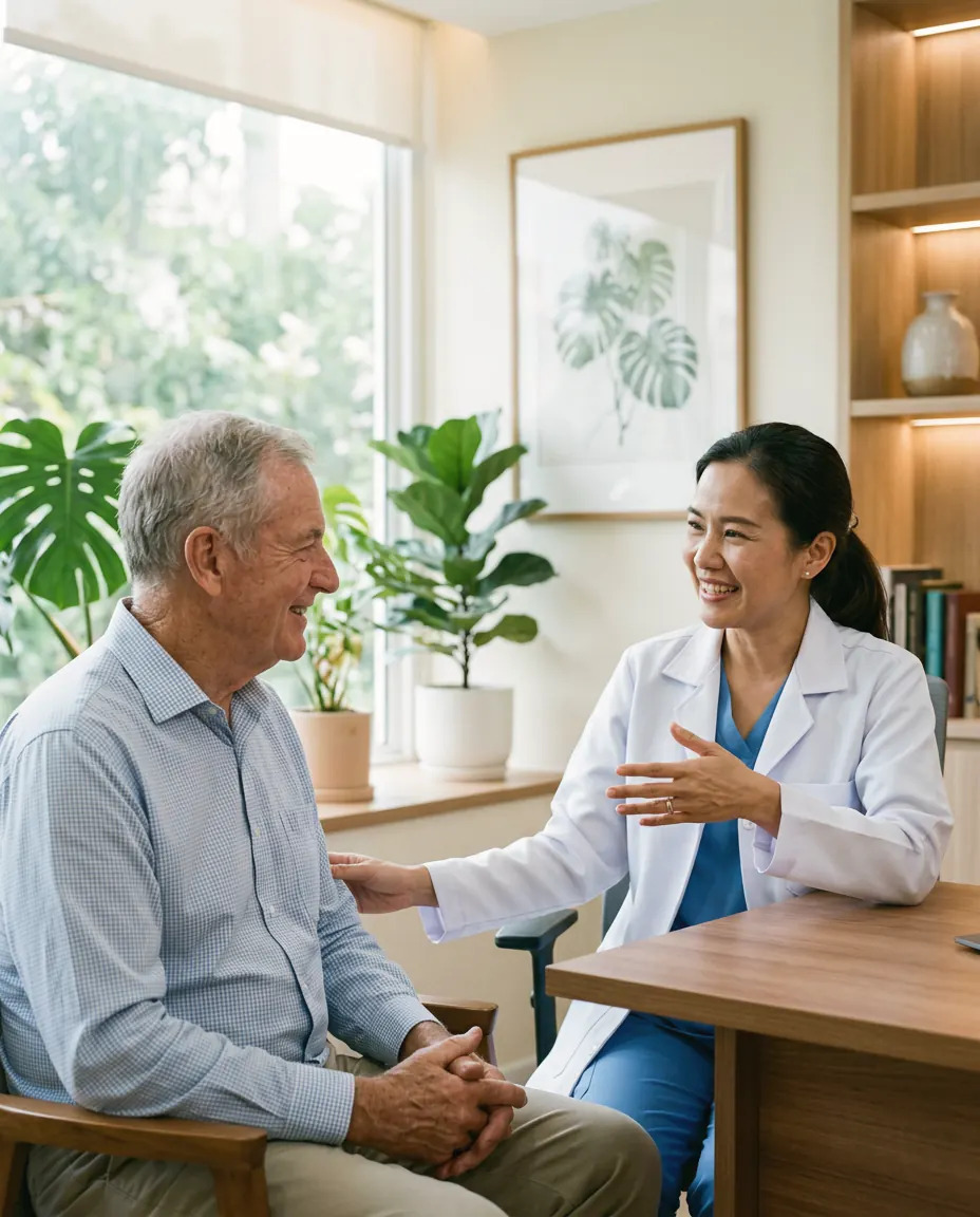 A doctor talking with an older man in a calm consultation room