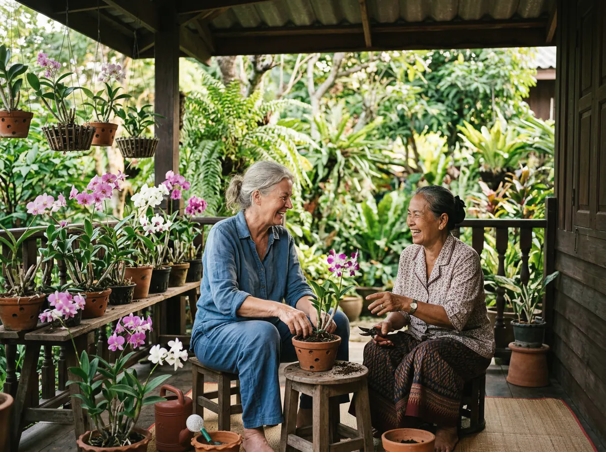 Two older women tending potted orchids together on a veranda