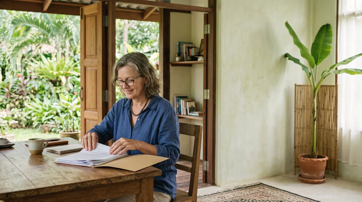 A woman going through papers at a wooden desk by an open garden door