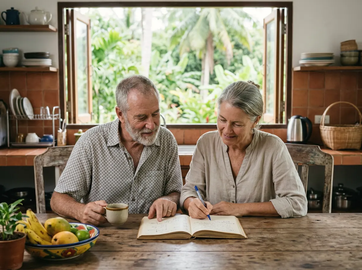 An older couple at their kitchen table with a diary and papers