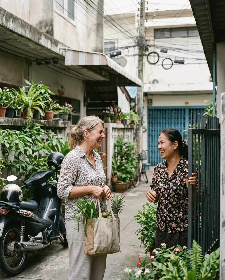A woman chatting and laughing with her Thai neighbour in a quiet residential lane