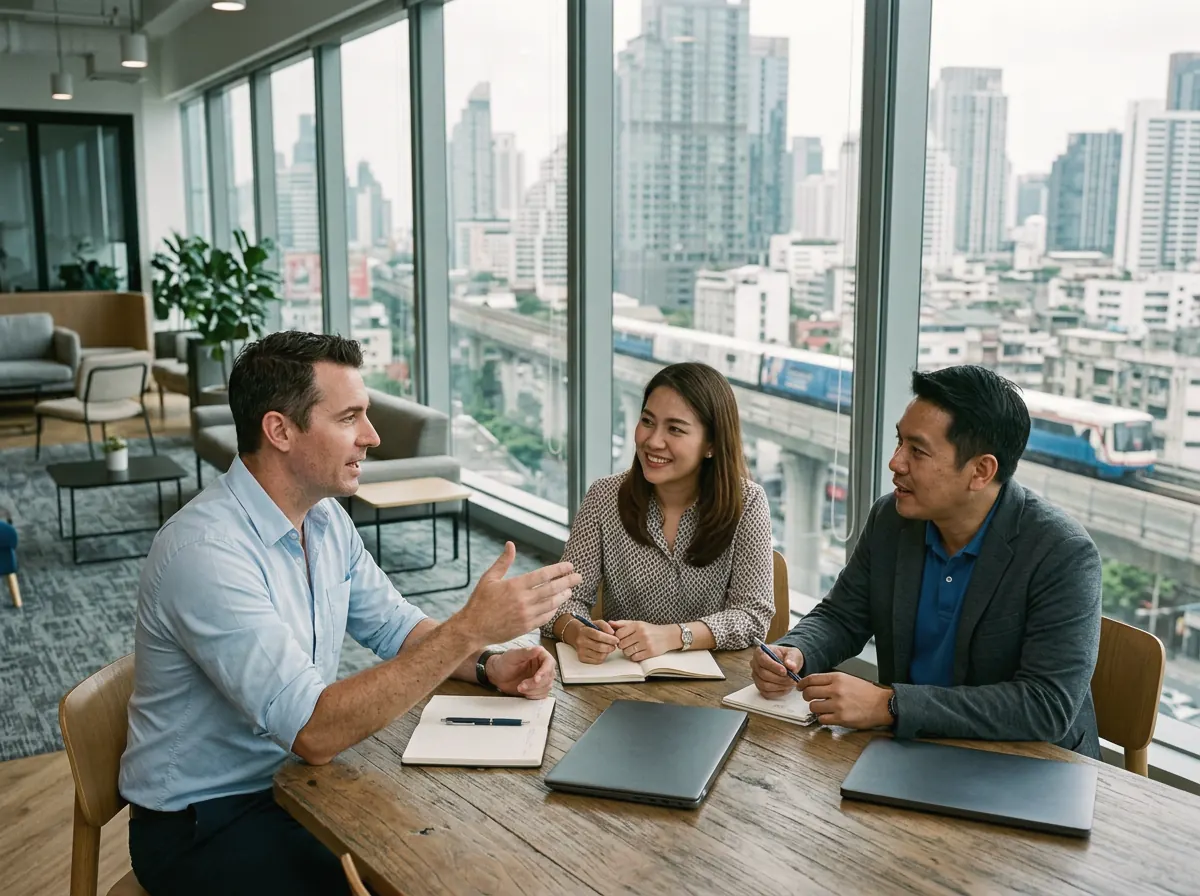 Three people talking at a table in a modern office with a view of the city