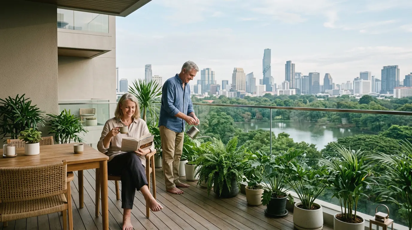 A couple on the terrace of a modern apartment, with a park, a lake and the city skyline beyond