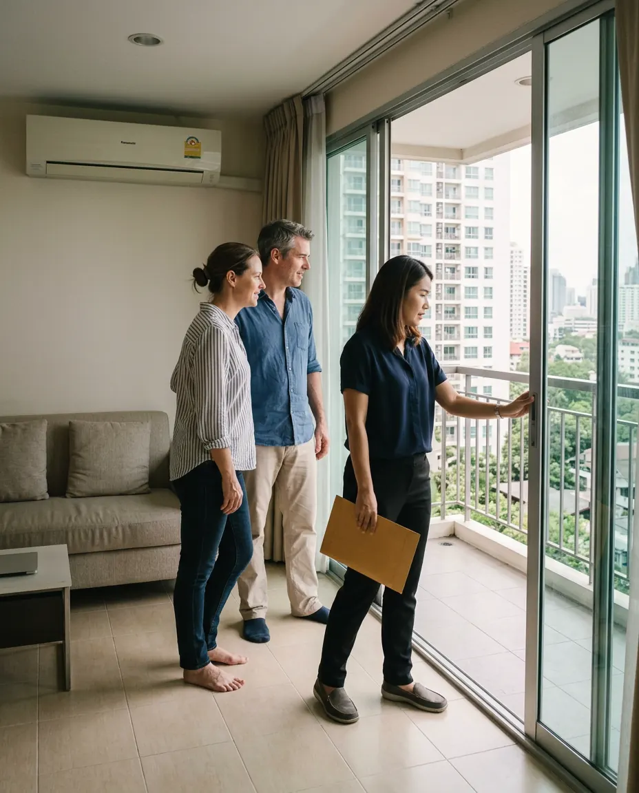 A couple being shown a bright, simply furnished apartment